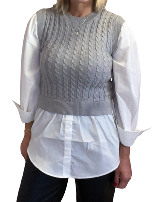 Cable Knit Mixed Media Top (Gray)